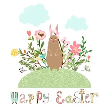 Happy easter graphic poster with bunny Stock Illustration