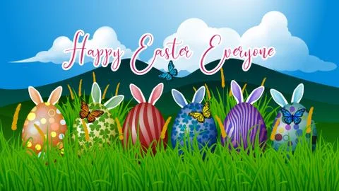 Happy Easter Grassland Landscape Card With Colored Eggs, Bunny Ears, Butterflies Stock Illustration