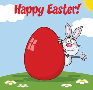 Happy Easter From Gray Rabbit Character Waving Behind Egg Illustrazione stock