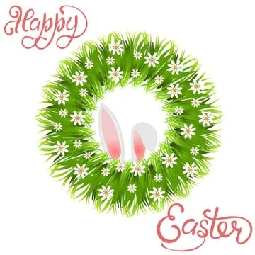 Happy easter. Green wreath of grass and chamomile. Rabbit ears. illustration Stock Illustration
