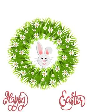 Happy easter. Green wreath of herbs and chamomile. Easter bunny. illustration Stock Illustration