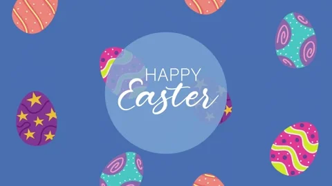 Happy easter greeting animation with colorful falling decorative eggs on bl.. 库存影片 339337497