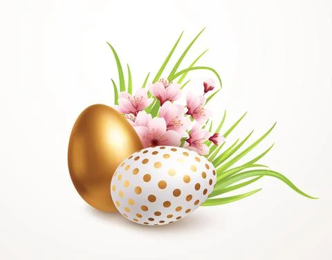 Happy easter greeting background with realistic easter eggs and spring flowers Stock Illustration