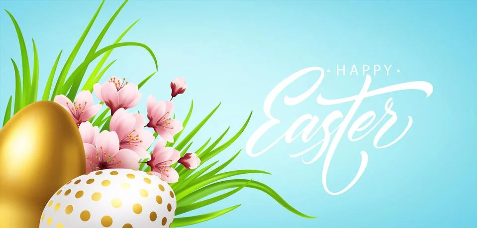 Happy easter greeting background with realistic easter eggs and spring flowers Stock Illustration