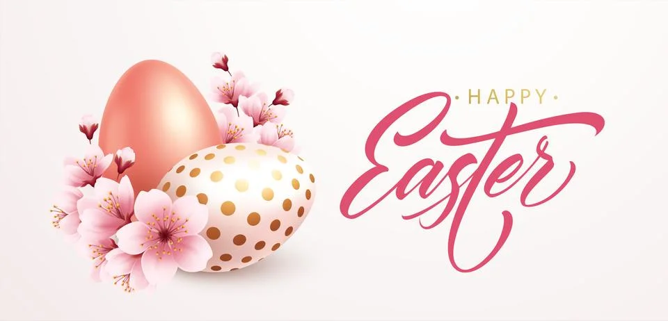 Happy easter greeting background with realistic easter eggs and spring flowers Stock Illustration
