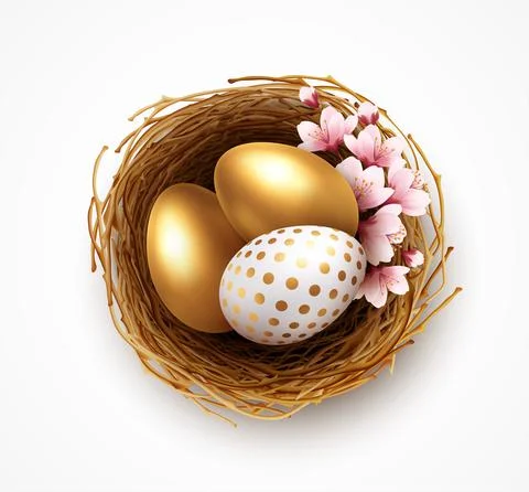 Happy easter greeting background with realistic easter eggs in the nest and Stock Illustration