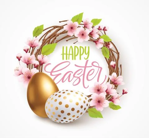 Happy Easter greeting background with realistic Easter eggs in a wreath with Illustrazione stock