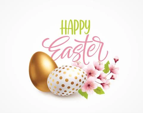 Happy easter greeting background with realistic easter eggs and spring flowers Stock Illustration