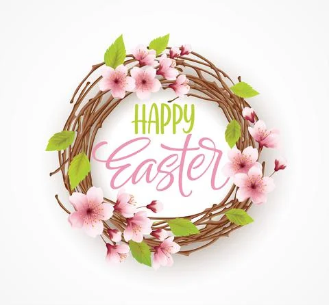 Happy Easter greeting background with wreath with spring flowers. Vector Stock Illustration