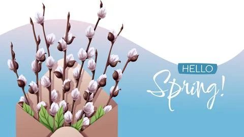 Happy Easter Greeting Banner with Willow Branches in Envelope on Blue Backgro Stock Illustration