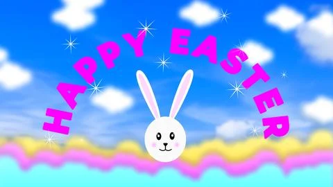 Happy Easter greeting on blue sky background and little bunny face Cartoon Ilustración de archivo