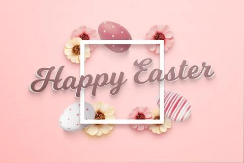 Happy Easter greeting card with 3d text and square frame. Easter eggs and flo Stock-Illustration