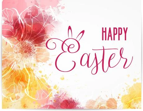 Happy Easter greeting card with abstract flowers and watercolor imitation bac Illustrazione stock