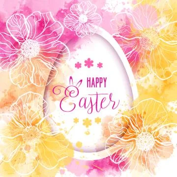 Happy Easter greeting card with abstract flowers and watercolor imitation bac Stock Illustration