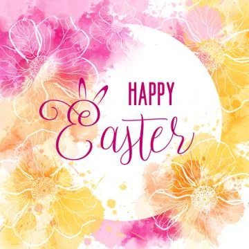 Happy Easter greeting card with abstract flowers and watercolor imitation bac Stock Illustration
