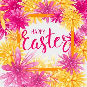 Happy Easter greeting card with abstract flowers and watercolor imitation bac Stock Illustration