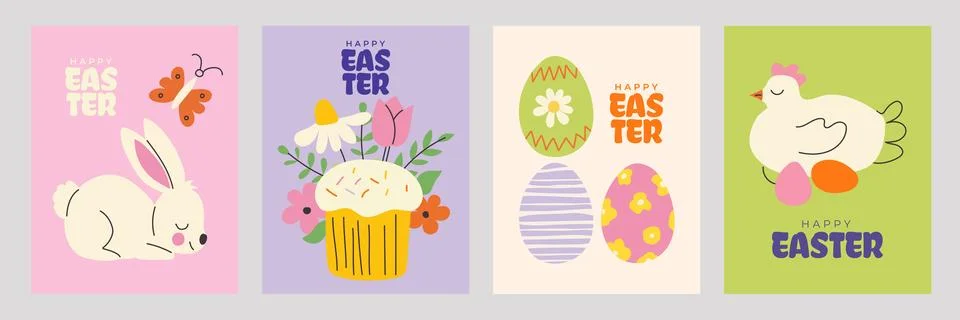Happy Easter greeting card and poster set with hand drawn eggs, bunny and s.. 스톡 일러스트