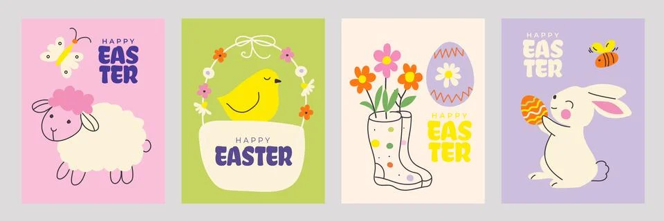 Happy Easter greeting card and poster set with hand drawn eggs, chickens, b.. 스톡 일러스트
