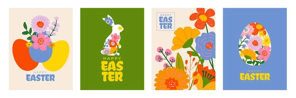 Happy Easter greeting card and poster set with bright spring colors, hand d.. Иллюстрация