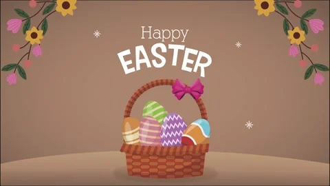 Happy easter greeting card animation with decorative egg basket and floral .. Stock Footage 338312212