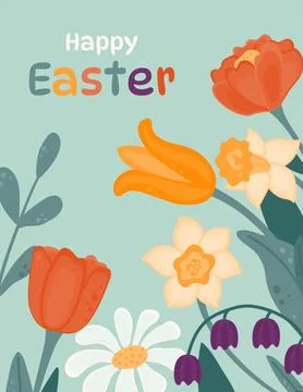 Happy Easter greeting card. Background with spring flowers. Illustrazione stock