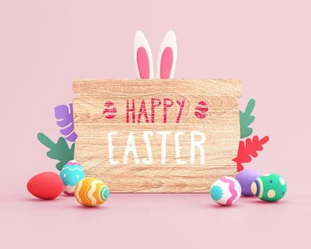 Happy Easter greeting card background, wooden sign, rabbit ears and painted e Stock Photos