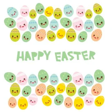 Happy Easter greeting card banner template design. Kawaii colorful blue green Stock Illustration