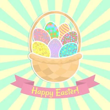 Happy Easter Greeting Card, With A Basket. Stock Illustration