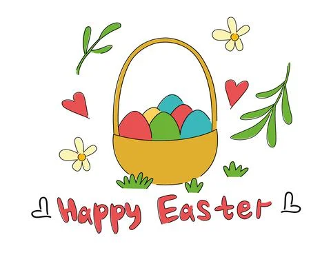 Happy Easter greeting card. A basket of eggs stands in a clearing. Stock Illustration