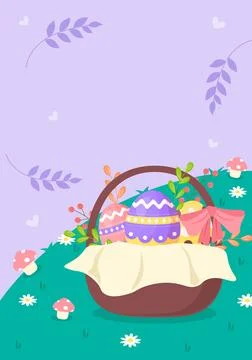 Happy Easter greeting card. Basket with Easter egg and flowers, Vector Stock Illustration