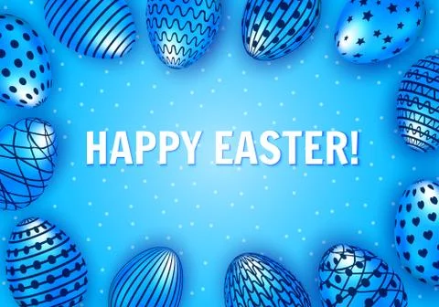 Happy Easter greeting card with blue decorated eggs. Vector illustration Stock Illustration