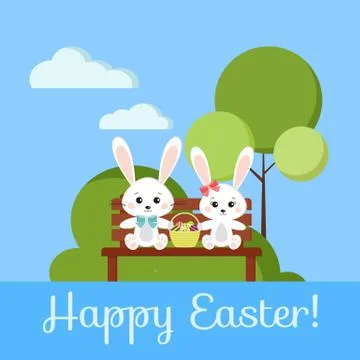 Happy Easter greeting card with boy and girl sweet bunny rabbits on wooden be Illustrazione stock