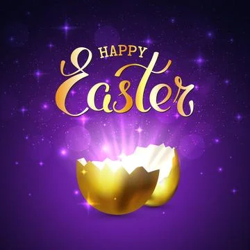 Happy easter greeting card. Broken golden easter egg, rays on purple background Stock Illustration