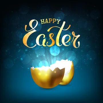 Happy easter greeting card. Broken golden easter egg. Shine of gold. Bokeh Ilustración de archivo