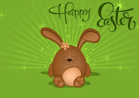 Happy Easter Greeting Card with Brown Bunny on Green Stock Illustration