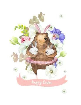 Happy Easter greeting card with bunch of beautiful spring flowers on backgr.. Stock Illustration
