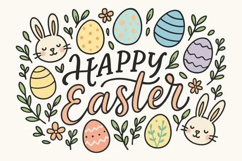 Happy easter greeting card with bunnies and eggs 스톡 일러스트