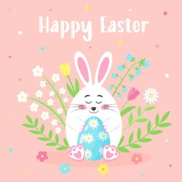 Happy easter greeting card with bunny hugging egg and flowers. Stock Illustration
