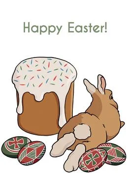 Happy Easter greeting card with cake and bunny rabbit on a white background Stock Illustration