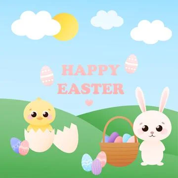 Happy easter greeting card in childish style with characters - easter bunny a Stock Illustration