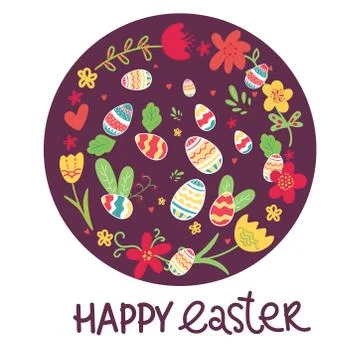 Happy Easter greeting card with circle with doodle eggs flower on background. Stock Illustration