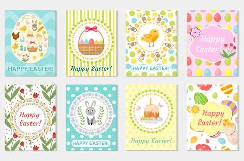 Happy Easter greeting card collection, flyer, poster. Spring cute set of te.. Stock Illustration