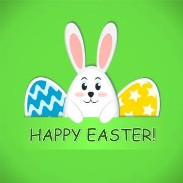 Happy Easter greeting card with colored eggs and easter bunny on green grass Stock Illustration