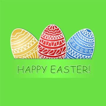 Happy Easter greeting card with colored eggs on green grass background, stock Stock Illustration