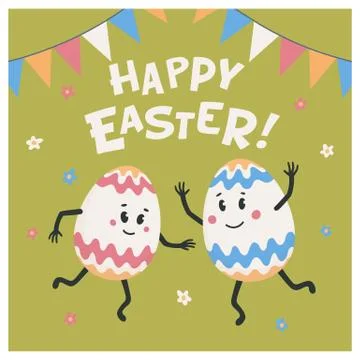 Happy easter greeting card. Colored eggs with cute faces dancing on a green Stock Illustration