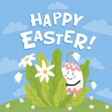 Happy easter greeting card. Colored egg with cute face hiding on a green lawn Stock Illustration
