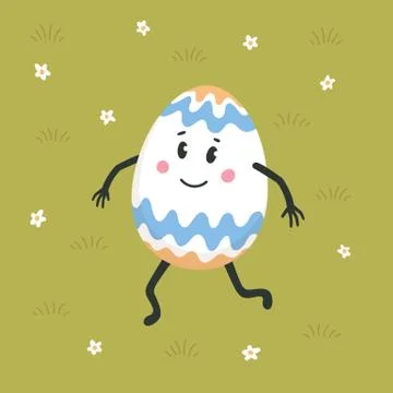 Happy easter greeting card. Colored egg with cute face dancing on a green law Stock Illustration