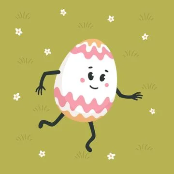 Happy easter greeting card. Colored egg with cute face dancing on a green law Stock Illustration