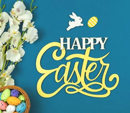 Happy Easter greeting card concept, poster with easter eggs, bunny and wooden Stock Photos