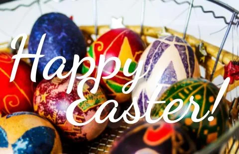 Happy Easter greeting card concept. Close-up of traditional painted Easter .. Stock Photos